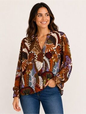 CeCe Abstract Botanical Print Rayon Blouse Size Large, Button Front Top